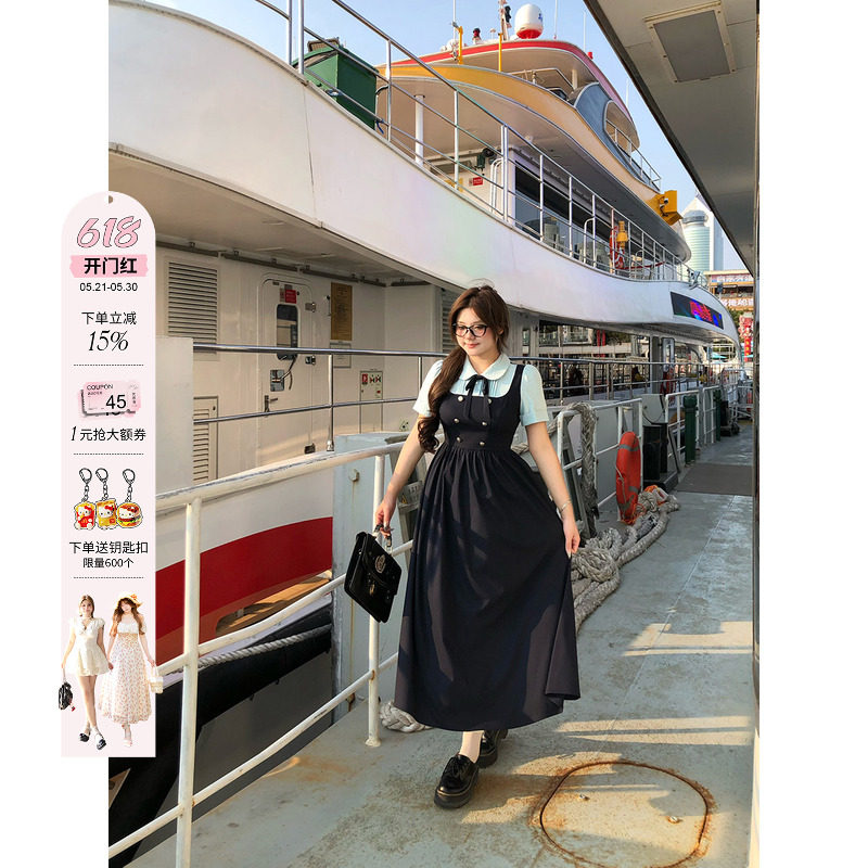 安妮不火航海手札英伦学院风撞色连衣裙女微胖大码收腰假两件裙子
