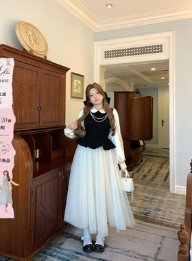 安妮不火 重磅款千金风撞色网纱连衣裙女微胖大码拼接荷叶边裙子