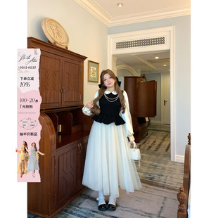 安妮不火 重磅款千金风撞色网纱连衣裙女微胖大码拼接荷叶边裙子