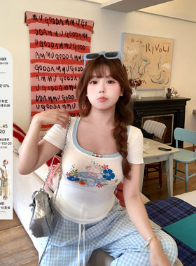 安妮不火 烫钻kitty印花撞色U领串珠T恤女微胖大码显瘦短袖小上衣