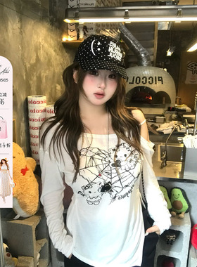安妮不火 喵叽契约甜酷kitty印花露肩罩衫女微胖大码宽松显瘦上衣