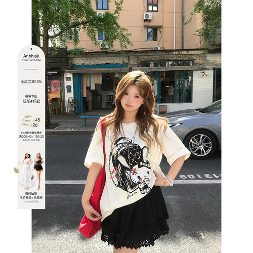 安妮不火 甜睫漫刊甜酷kitty印花针织T恤女微胖大码宽松短袖上衣