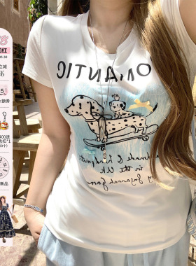 安妮不火 氣水海盐番甜酷斑点狗印花T恤女夏微胖大码收腰短袖上衣