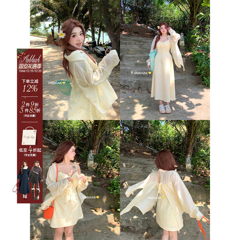 安妮不火 度假风花边连衣裙女2024夏季新款微胖大码碎花吊带裙子