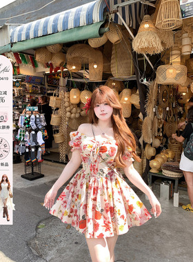 安妮不火 度假风高饱和印花泡泡袖连衣裙女微胖大码文艺收腰裙子