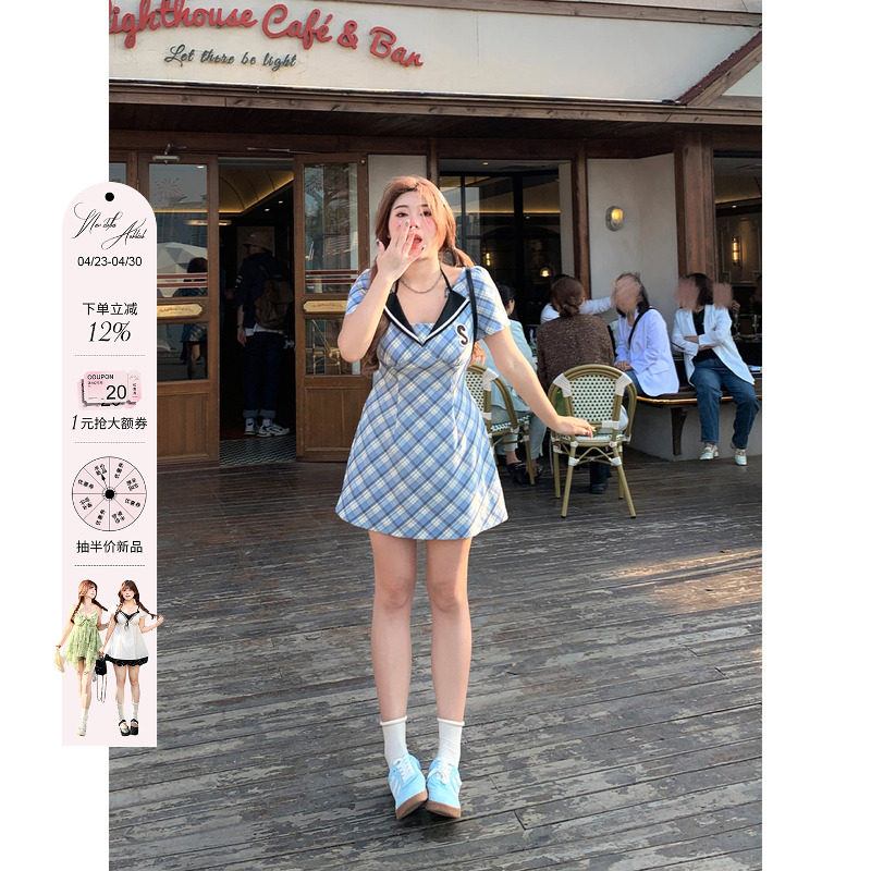 安妮不火 学院风格纹绑带连衣裙女2024夏季新款微胖大码收腰裙子