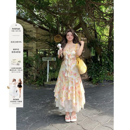 安妮不火度假风蕾丝拼接碎花裙女2025春夏新款微胖大码荷叶边长裙