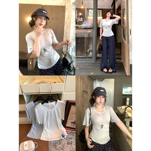 安妮不火 93%莱赛尔缩褶收腰高弹针织T恤女微胖大码显瘦沙漏上衣