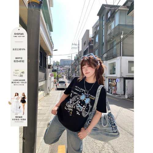 安妮不火 91.4%棉设计感涂鸦印花宽松T恤女微胖大码显瘦短袖上衣