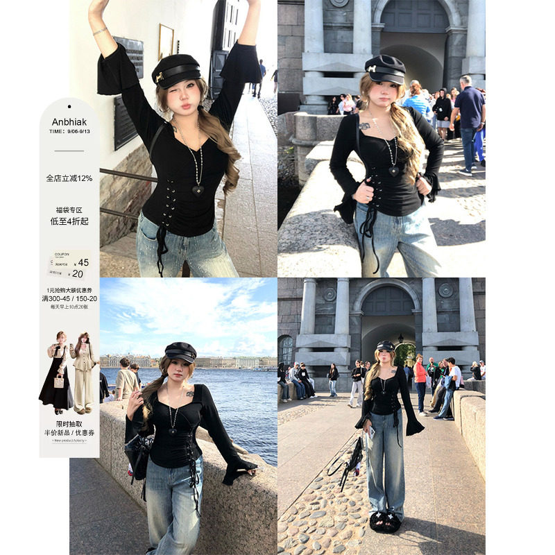 安妮不火 绝美荷叶袖绑带T恤女秋冬新款微胖大码手工缩褶纯欲上衣图片