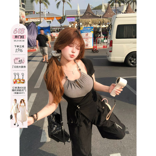安妮不火 串珠绑带撞色假两件高弹针织T恤女微胖大码拼接收腰上衣