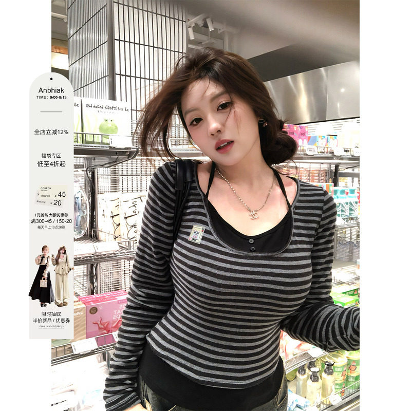 安妮不火小猫章仔撞色条纹绑带针织衫女微胖大码收腰显瘦长袖上衣图片