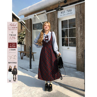 长袖 安妮不火 格纹假两件连衣裙女2025秋冬新款 微胖大码 收腰裙子