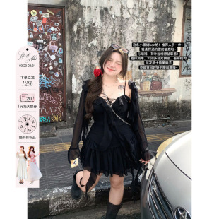 小黑裙套装 微胖大码 纯欲荷叶边雪纺短裙女2025春夏新款 安妮不火