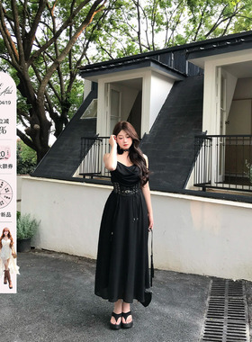安妮不火 墨羽纤腰高级感收腰荡领吊带裙女微胖大码黑色吊带长裙