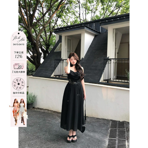 安妮不火 墨羽纤腰高级感收腰荡领吊带裙女微胖大码黑色吊带长裙