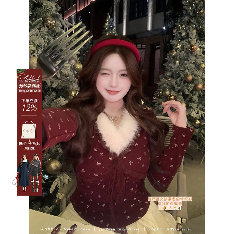 安妮不火 圣诞蝴蝶结蕾丝花边毛毛领针织衫女微胖大码收腰小上衣