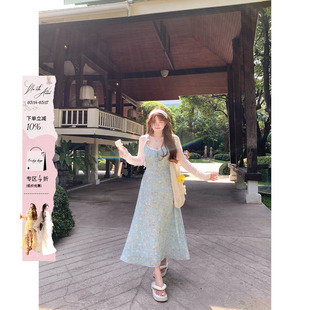 安妮不火 温柔系蕾丝花边雪纺碎花连衣裙女微胖大码收腰裙子套装