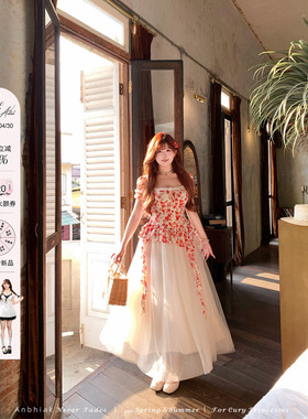 安妮不火假两件网纱拼接碎花方领连衣裙女微胖大码设计感方领裙子