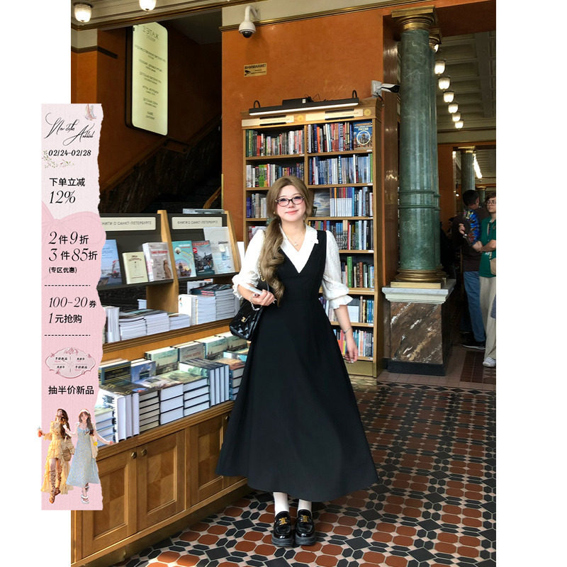 安妮不火 焦糖甜可滋巴洛克提花裙女秋新款微胖大码假两件连衣裙