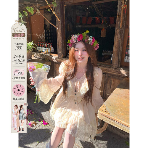 安妮不火荷叶边蕾丝拼接V领雪纺A字连衣裙微胖大码法式收腰少女裙