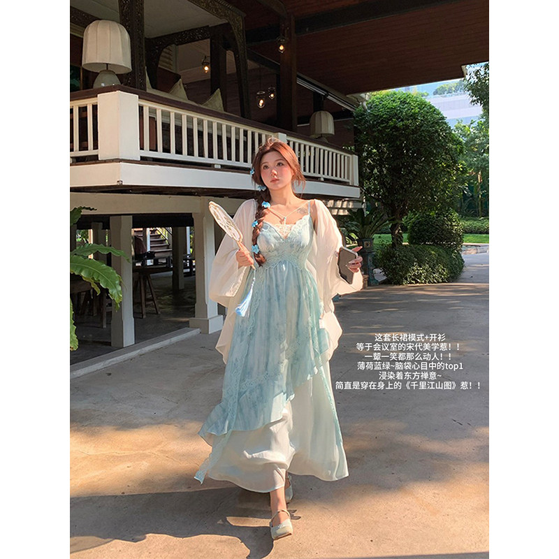安妮不火纸舟渡松烟蕾丝花边扎染吊带裙女夏季新款微胖大码国风裙图片