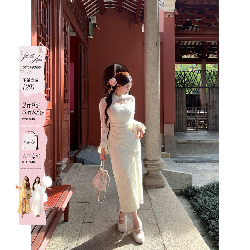 安妮不火 新中式雪尼尔蕾丝玫瑰花连衣裙女微胖大码国风收腰裙子 - 安妮不火出品