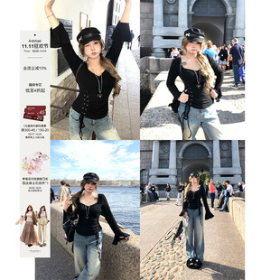 安妮不火 绝美荷叶袖绑带T恤女秋冬新款微胖大码手工缩褶纯欲上衣