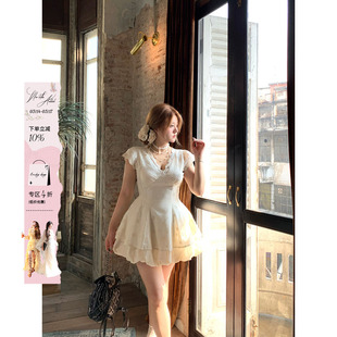 安妮不火 塞纳白露庭镂空花小飞袖连衣裙微胖大码设计感收腰裙子