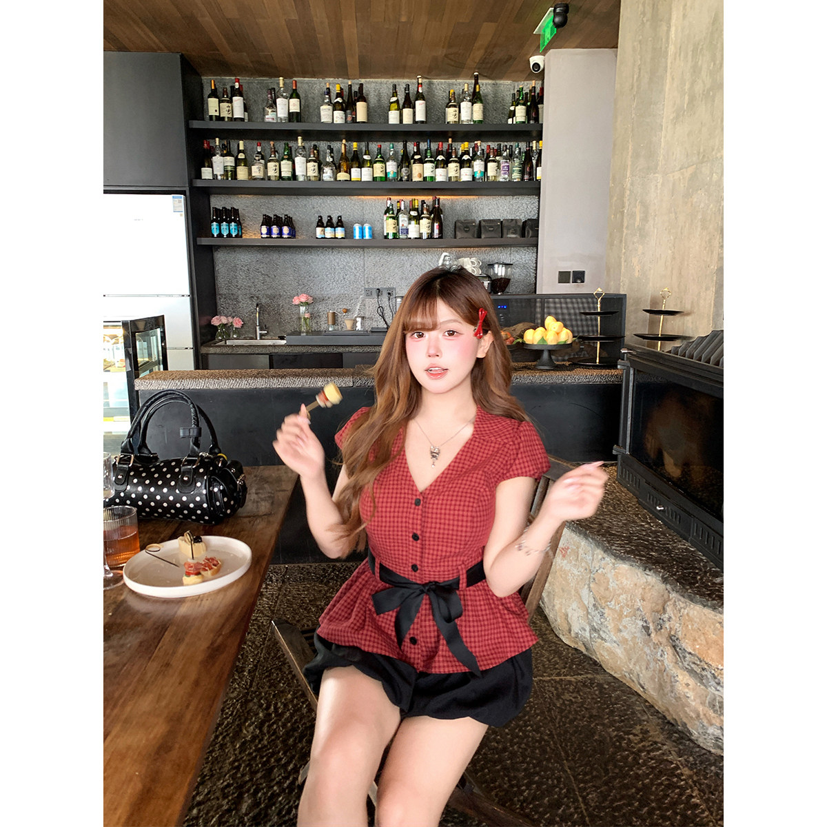 安妮不火 100%棉蝴蝶结绑带格子收腰衬衫女微胖大码短款上衣衬衣