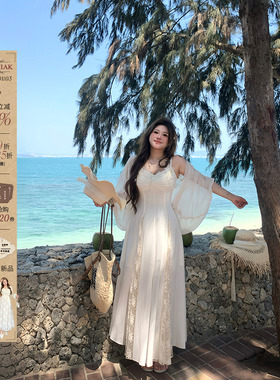 安妮不火 塞纳杏蝶笺 蝴蝶蕾丝雪纺仙女裙微胖大码收腰吊带裙套装