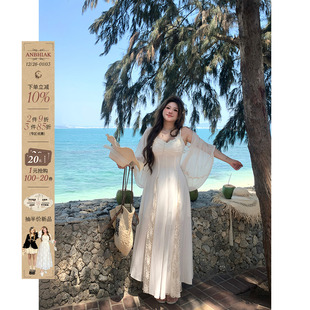 收腰吊带裙套装 蝴蝶蕾丝雪纺仙女裙微胖大码 塞纳杏蝶笺 安妮不火