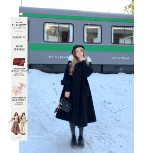 安妮不火 甜美减龄蝴蝶结袖双面呢大衣女微胖大码毛领呢子长外套