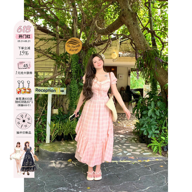安妮不火南法温柔风格纹公主裙女2025夏季新款微胖大码格子连衣裙