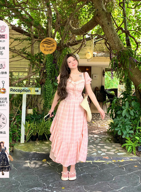 安妮不火南法温柔风格纹公主裙女2025夏季新款微胖大码格子连衣裙