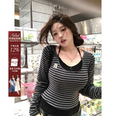 收腰显瘦长袖 安妮不火小猫章仔撞色条纹绑带针织衫 女微胖大码 上衣