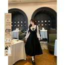 安妮不火 假两件收腰长裙 学院风缎面娃娃领呢料连衣裙女微胖大码