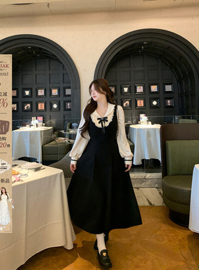 安妮不火 学院风缎面娃娃领呢料连衣裙女微胖大码假两件收腰长裙