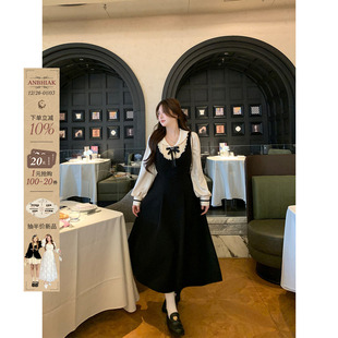 安妮不火 假两件收腰长裙 学院风缎面娃娃领呢料连衣裙女微胖大码