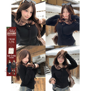 上衣 绑带长袖 安妮不火 豹纹拼接高弹双面磨毛针织T恤女微胖大码