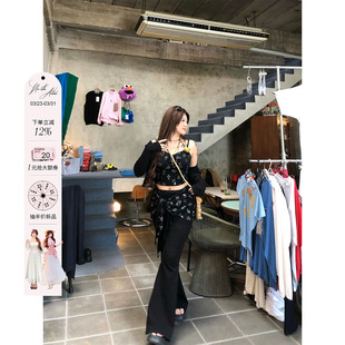 微胖大码 女夏季 显瘦三件套 套装 安妮不火黑猫烙腰线针织吊带微喇裤