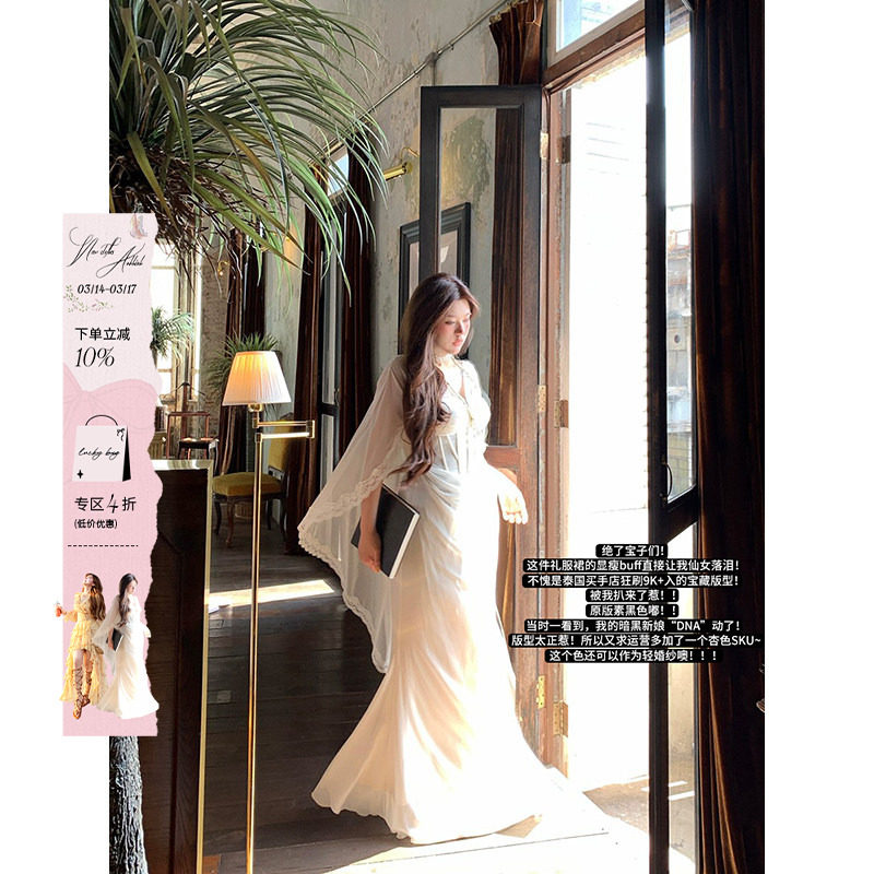 安妮不火银戒吻痕气质鱼骨雪纺女神拖尾裙女新款微胖大码半透视裙