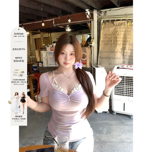 安妮不火 假两件花边拼接领莱赛尔高弹T恤女微胖大码纯欲收腰上衣