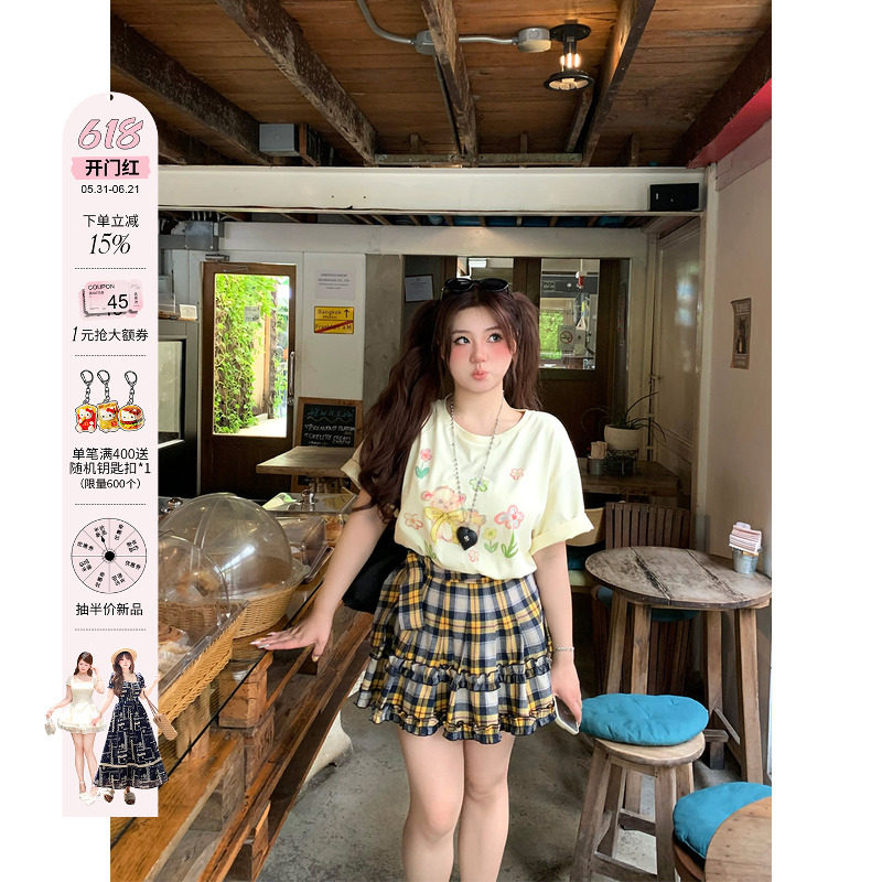 安妮不火奶昔格野木耳边绑带格纹半身裙女夏季微胖大码格子短裙子
