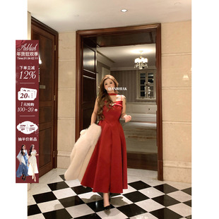 安妮不火 珠光缎面鱼骨腰镶钻领礼服裙女微胖大码收腰年会裙战袍