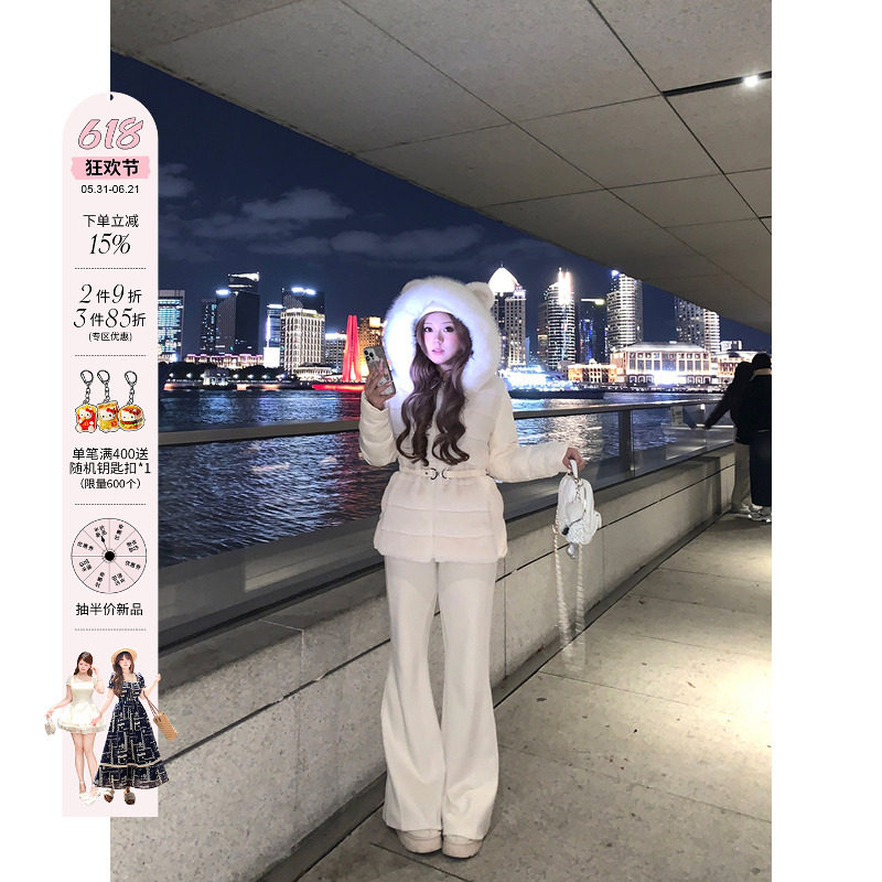 安妮不火 仿貂毛皮草拼接收腰连帽棉外套女微胖大码千金毛领棉衣