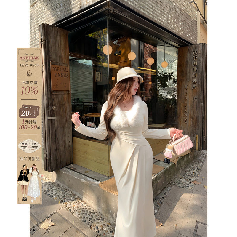 安妮不火 雪尼尔蕾丝拼接毛毛领磨毛针织裙女微胖大码收腰连衣裙