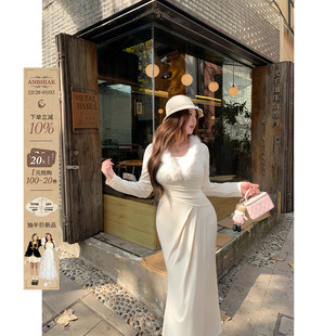 安妮不火 收腰连衣裙 雪尼尔蕾丝拼接毛毛领磨毛针织裙女微胖大码