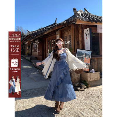 安妮不火 民族风流苏穗仿荷叶边吊带连衣裙微胖大码度假风两件套