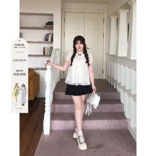 安妮不火 娃娃领波点雪纺衫+百褶裙套装女微胖大码韩系甜美两件套